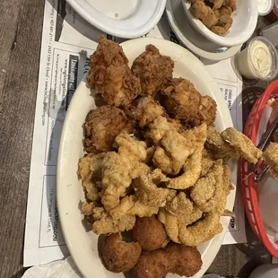 Fresh Fried Okra, gator, scallops, and catfishp