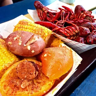 Crawfish, corn, potatoes, sausage