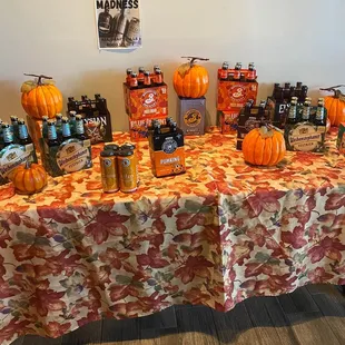 a table with a variety of bottles