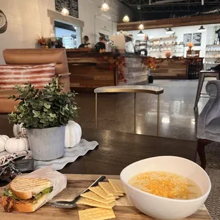 Beautiful space!  Order of soup and sandwich.