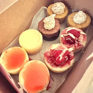 New York Cheesecake, Strawberry Cheesecake, Pumpkin Cheesecake, Raspberry White Chocolate Cheesecake, and Mexican Hot Chocolate Cheesecake