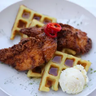 Buttermilk Fried Chicken, Green Tea Waffles, Lavender Butter, Fresnos