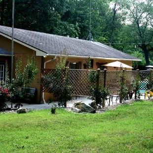 Outdoor seating with a fire place for those cool nights