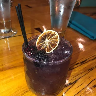 blackberry gin - Tanqueray Gin, St. Germain, Fresh Blackberries, Lemon Juice, Simple Syrup, House-made Sour Mix, Topped with Ginger Ale $12
