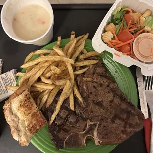 Porterhouse, fries, soup (salad was from a different restaurant)