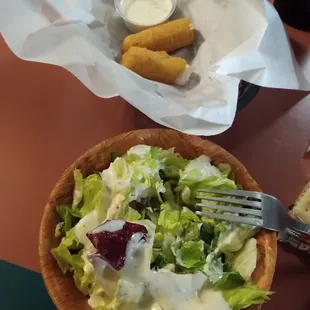 salad, cheese sticks