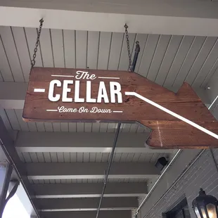 a wooden sign hanging from the ceiling