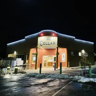the outside of the building at night
