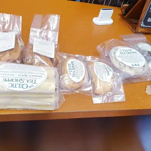 Sweets, savory pies, tea, and a mug