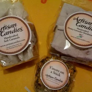 Packaged goodies: honey lavender marshmallows, s'more on a stick, and caramels.