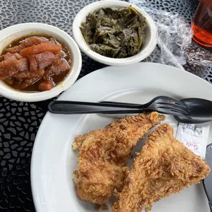 Fried catfish, candied yams, collard greens