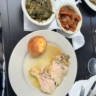 Baked Chicken with candied yams, collard greens, and cornbread muffin (I had removed the skin)