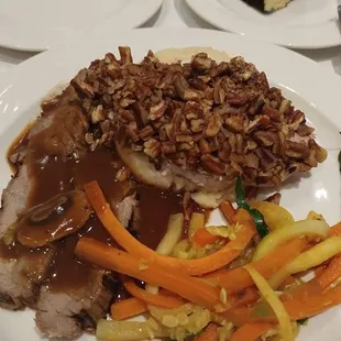 That's boiled chicken with mustard and walnuts, and roast beef with gravy and mushrooms.