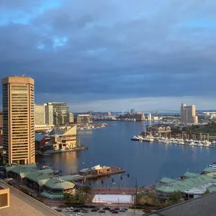 a view of a harbor and a city