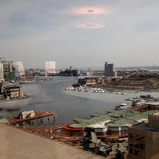 View of the Inner Harbor, the Aquarium, and the Key Bridge waaaay in the distance