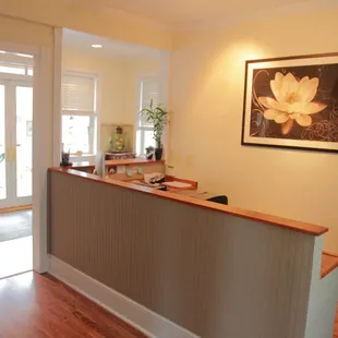 The reception area in the Healing House.  Yoga, Massage, Chiropractic care.