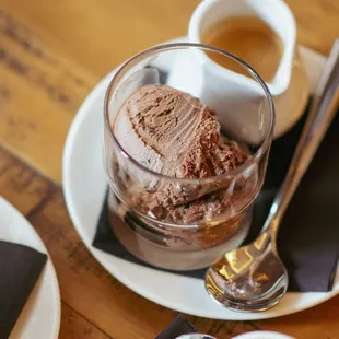 a chocolate ice cream and a cup of coffee