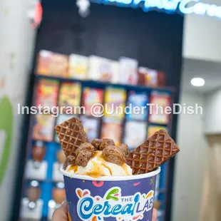 a hand holding a cup of ice cream