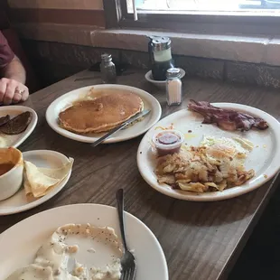 Biscuit and gravy combo and pancake combo, both demolished.