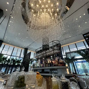 a chandelier in a hotel lobby