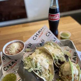 Steak tacos. Rice. Charred beans.