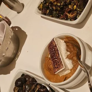 Mushrooms, mashed yams and brussels sprouts. Yum!