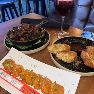 Sangria, bang bang shrimp, crab egg rolls, Brussel sprouts