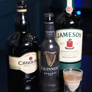 Irish Car Bomb with Guinness Stout, Jameson Irish Whiskey and Carolans Irish Cream.