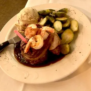 Steak, shrimp, Brussels and mashed