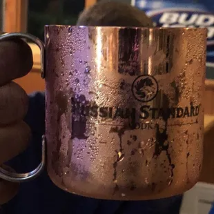 a person holding a copper mug