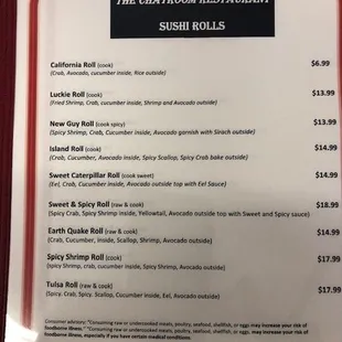 a menu for sushi rolls
