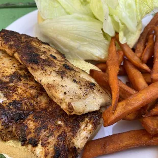 Blackened grouper sandwich and sweet potato fries (it comes with tomato and tarter sauce too, but I nexuxed those)