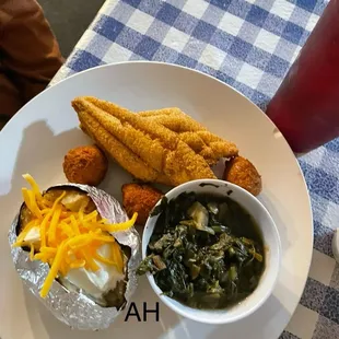 Catfish fried. Turnip Greens. Baked Potato. Hush Puppies