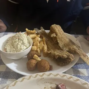Whole catfish plate with slaw and fries
