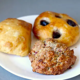 Raspberry Lemon Scone ($3.35), Rosemary Puff ($3.25), Olive Focaccia ($3.25)