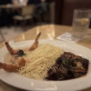 Shrimp Scampi and Steak Diane* (sub pasta for mashed potatoes)