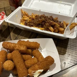 Bacon cheese fries, and Mozzarella sticks.