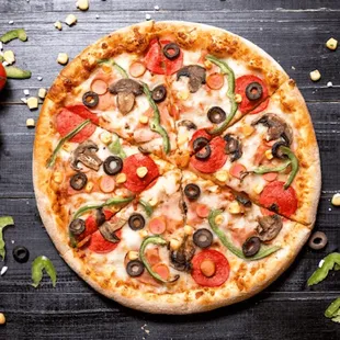 a pizza with various toppings