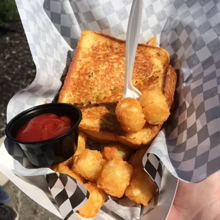 Royale sandwich and tater tots.