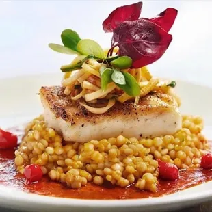 Wild Halibut, Smoked Tomato Beurre Blanc, Israeli Couscous