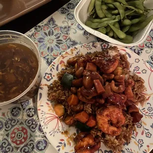 Hot and Sour Soup, Cashew Shrimp, and Edamame