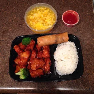 The Chef: orange chicken, steamed rice, egg drop soup and spring roll! Yummy!