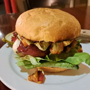 Peach Burger with grilled peaches, bacon, and mozzarella