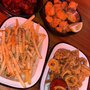 Salmon bites , Calamari, Truffle Fries, Wings