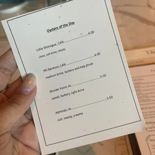 Oyster menu