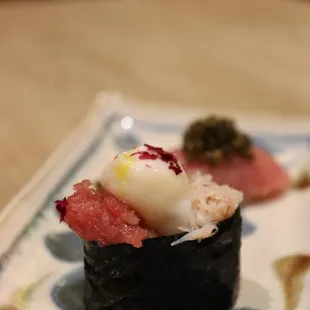 Chu-toro with Quail Egg and Crab (part of the Tuna Flight)
