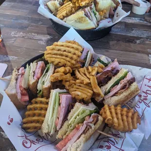 Club sandwich and waffle fries