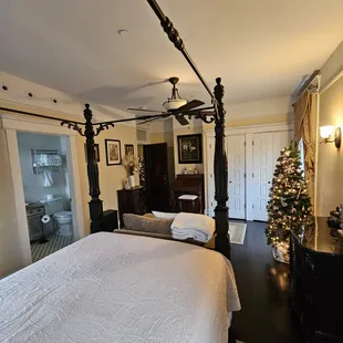 Black Walnut Suite has cozy queen four poster bed. Shower has back massaging shower jets.