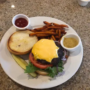 Cheese burger with sweet potatoes fries