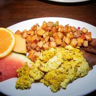 Breakfast Combo (Scrambled Tofu (gf) Pancake, Potato Hash &amp; 4 Strips Seitan Bacun